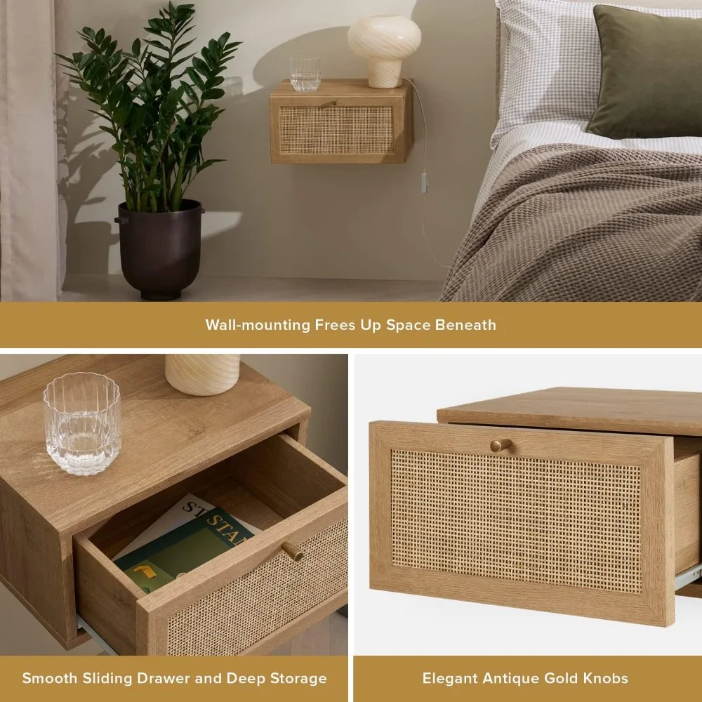 mopio Hannah Floating Nightstand, Natural Rattan Farmhouse Boho Wall Mounted Space Saving Bedside Tables, Nightstands, Drawer wi