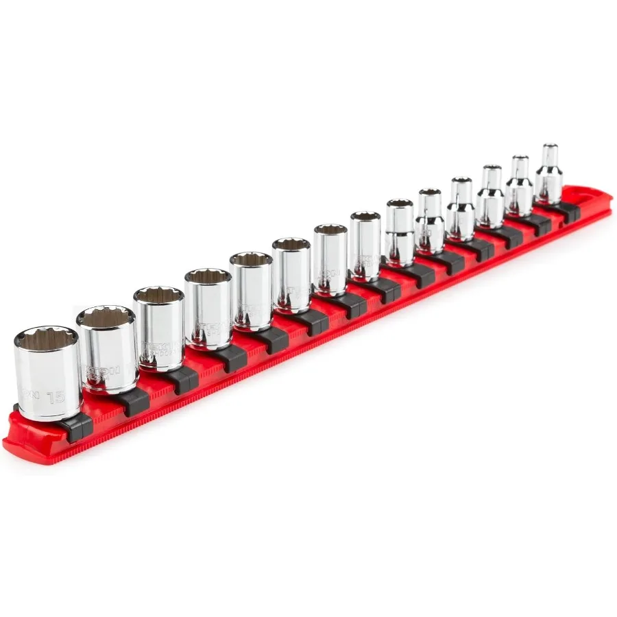 TEKTON 1 4 Inch Drive 12-Point Socket Set with Rail 14-Piece 4-15 mm | SHD90112