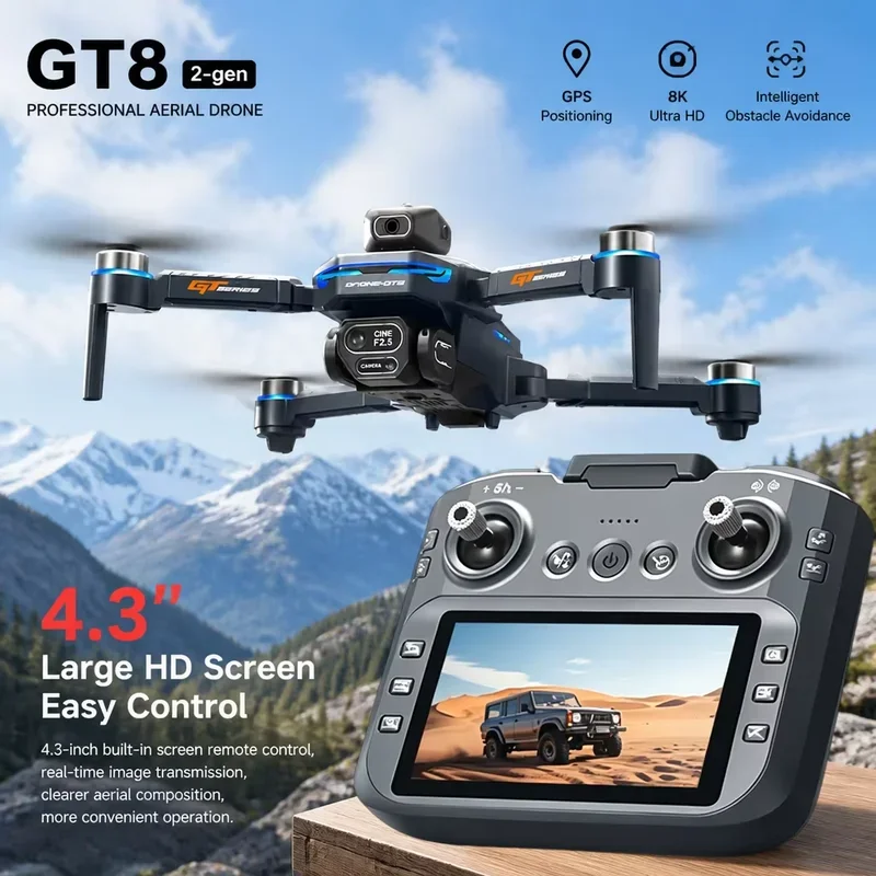 Drone GT8 com Tela HD de 4.3 Polegadas, Câmera HD 8K, Evitação Inteligente de Obstáculos, Motor Sem Escovas, Fluxo Óptico, Quadcopter FPV