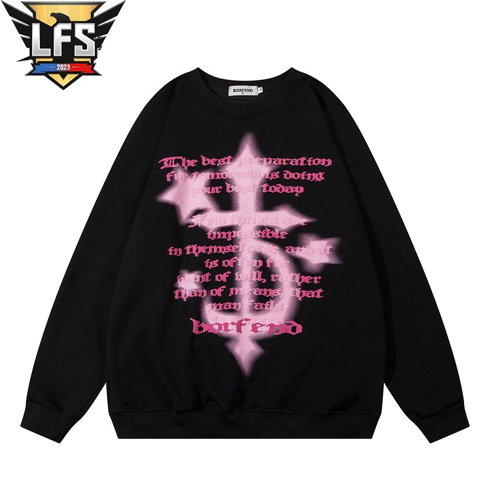 

Vintage Streetwear Gothic Cross Graphic Print Oversized Sweatshirts Men Fashion Cotton Long Sleeve Tops Unisex Spring Autumn