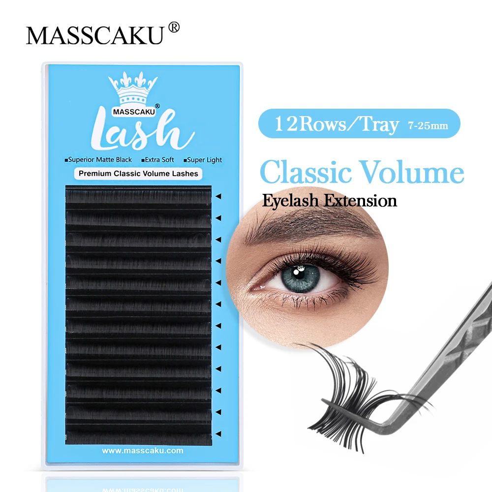 MASSCAKU 12Rows Comfortable Classic Volume Eyelashes Extension C/D Curl Matte Black Manual Fans-Making Volume Lash Makeup Supply