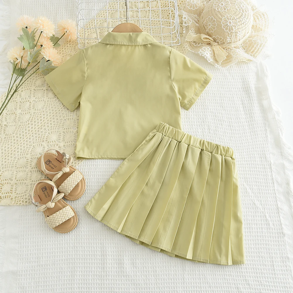 Bear Leader Summer Baby Girls' Clothing Solid Color Single Breasted Lapel Short Sleeved Top+Short Skirt Set Two-Piece Set