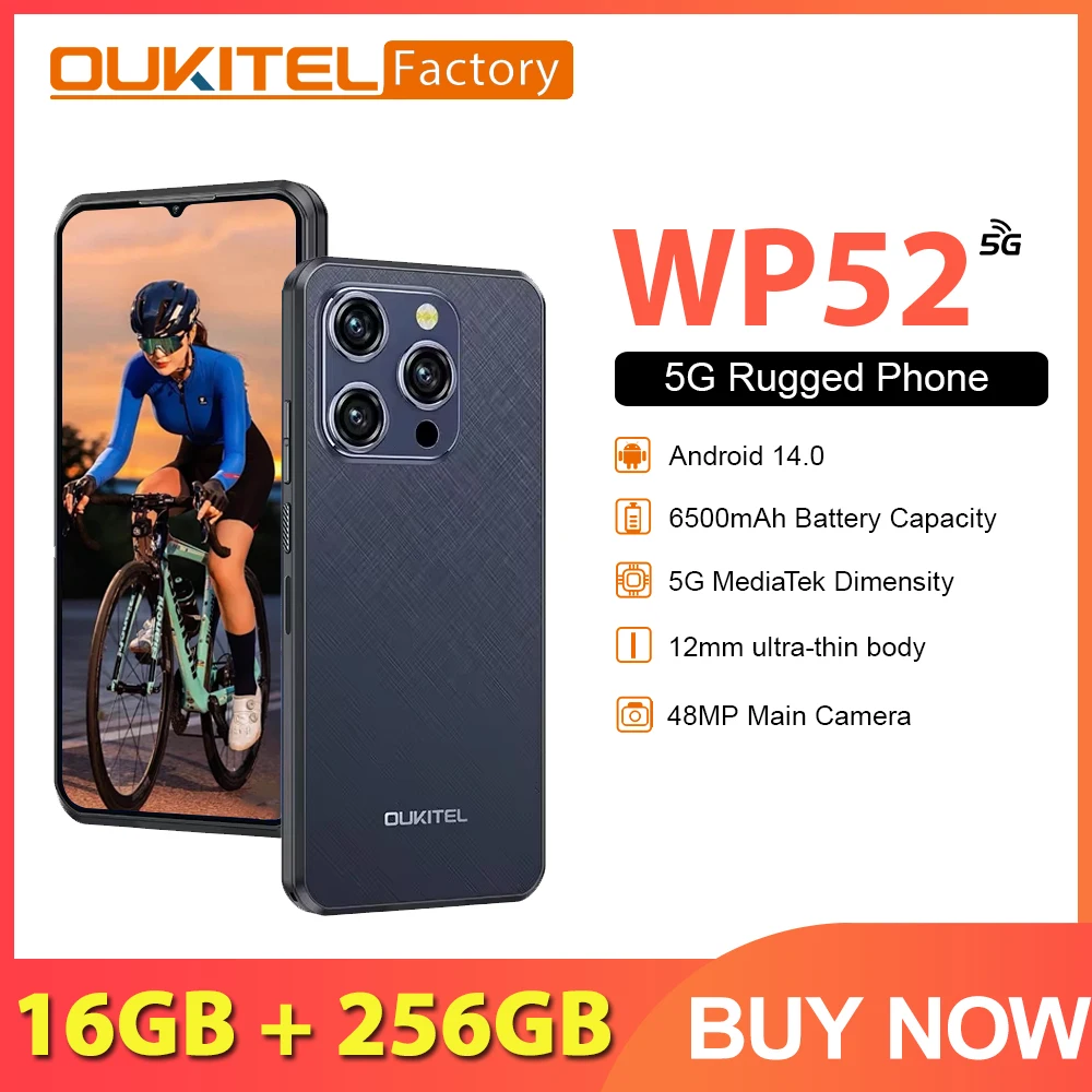 Oukitel WP52 5G Cell Phone 16GB+256GB 6500mAh Rugged Smartphone Android14 Mobile Phone 48MP NFC