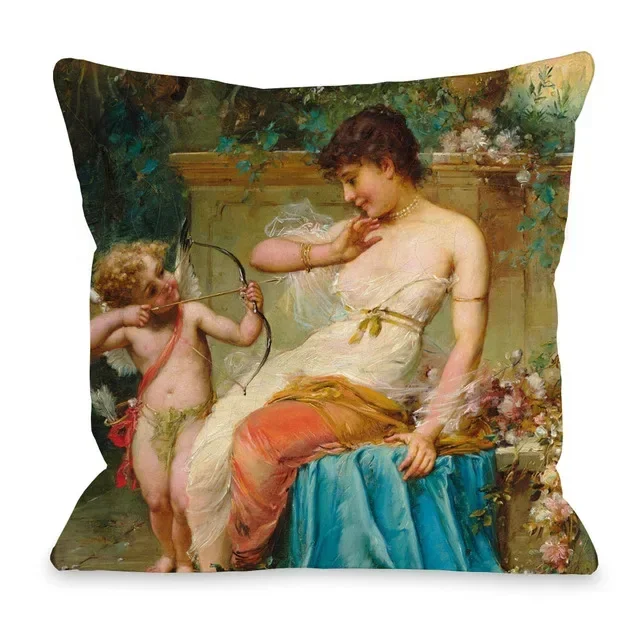Oil Painting Beauty Ladies Angel Portrait throw pillow cover with short plush print living room sofa decoration cushion cover