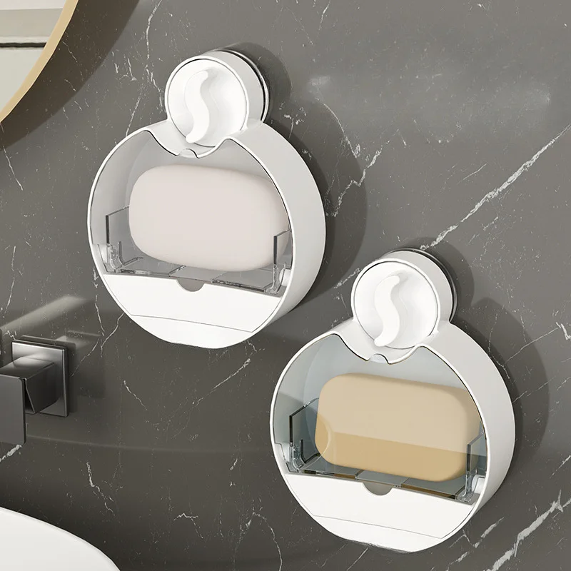 

No Drill Installation Wall Mounted Soap Box with Lid Drainable Round Soap Box Dustproof Bathroom Organiser