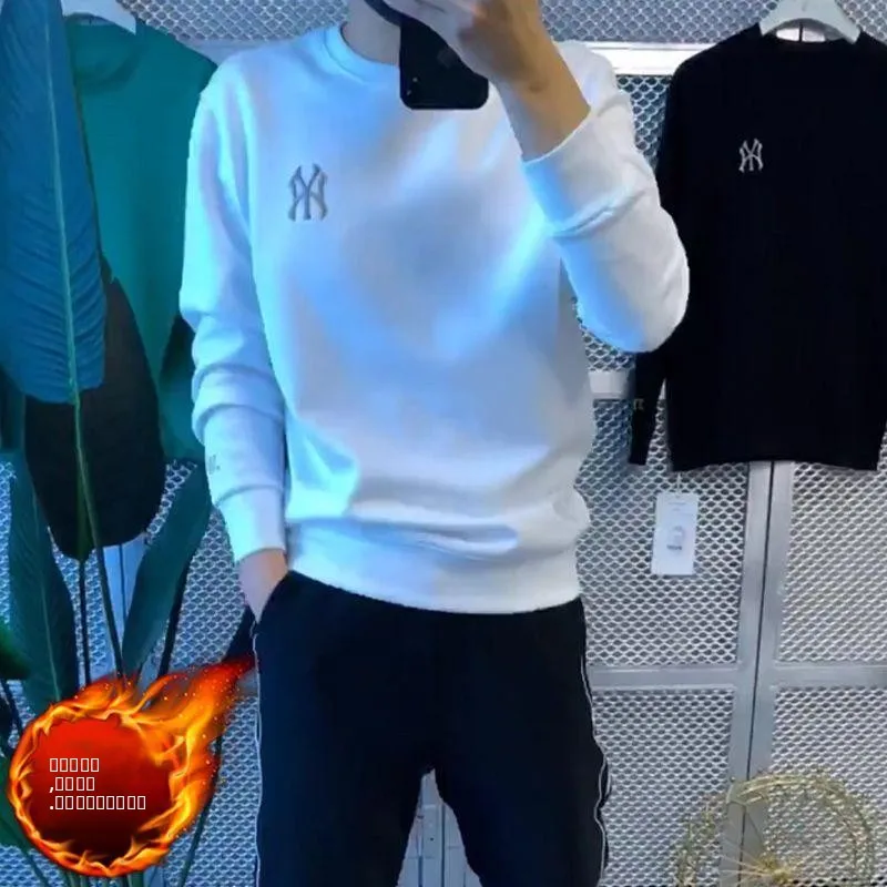 Men's Fce-lined Sweatirt round Ne Long Sve Casual T-irt Korean Sle Versatile Basic Layering irt Autumn Winter