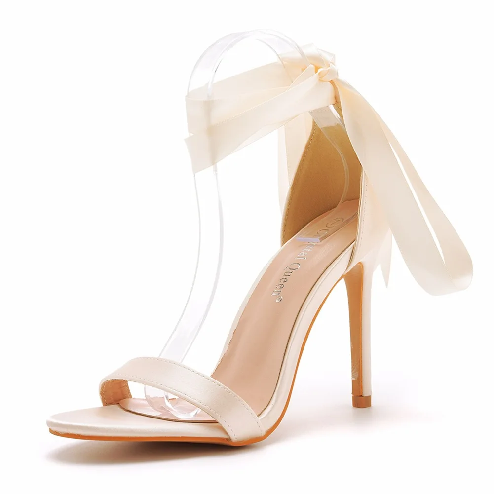 Sexy Ankle Strap Golded Sandals Women Party Nightclub Stripper 10.5CM Thin Heels High Quality Silk Ribbon Round Toe Wedding Shoe