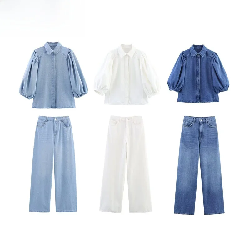 Conjunto de Duas Peças F Estilo Casual com Csa de Jeans e Calças Longas, Nova Chegada de Outono com Manga Longa e G...
