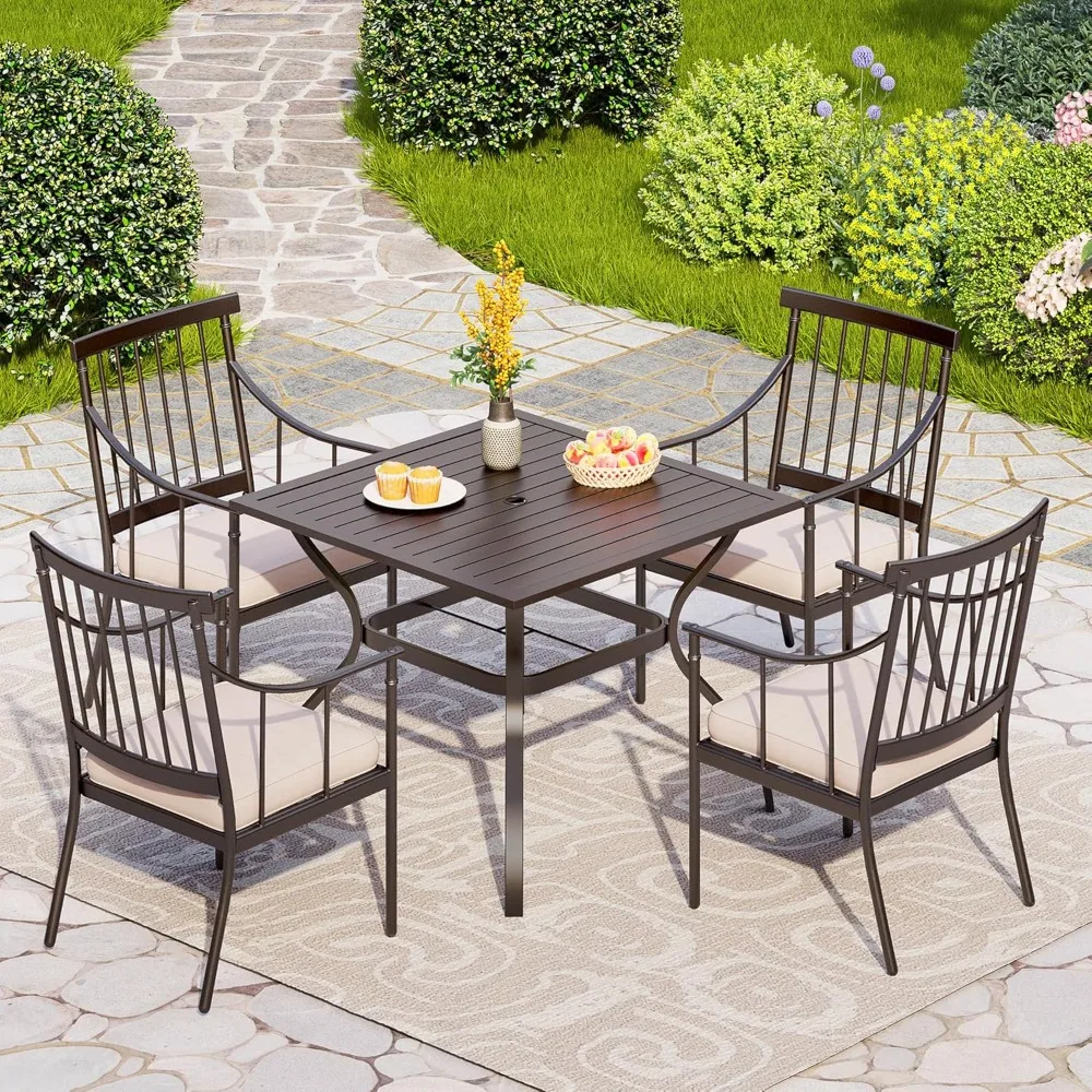 

5 Piece Outdoor Dining Set with Cushion, 37” Square Metal Dining Table with Umbrella Hole & 4 Cushioned Steel Chairs for Patio,