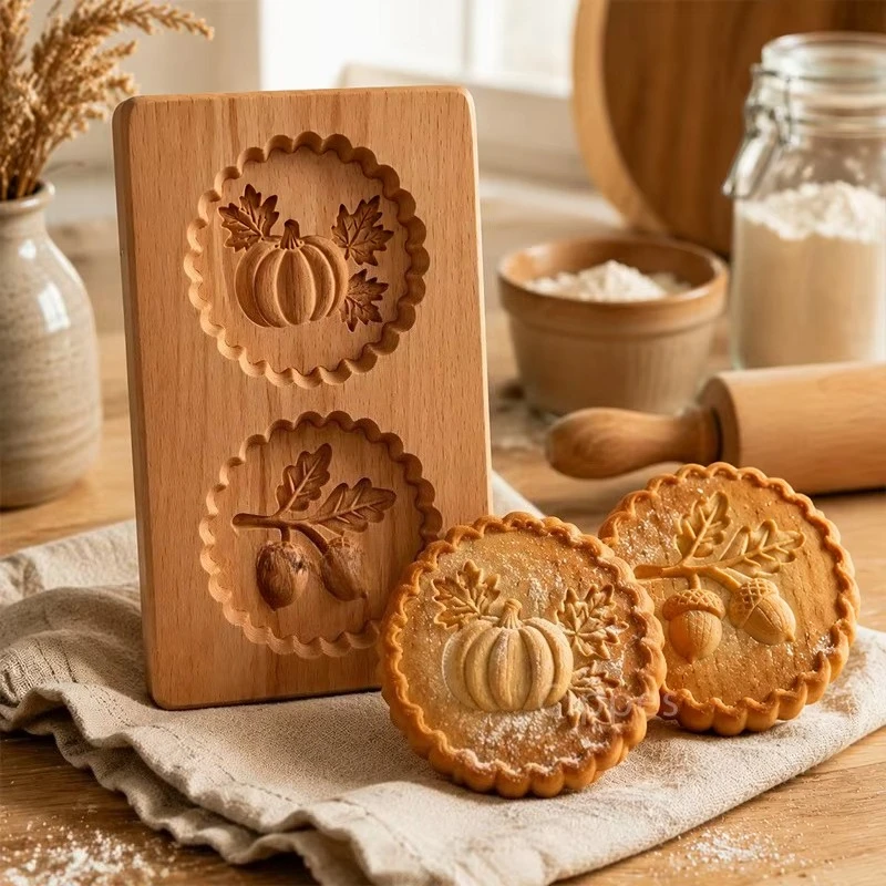 Wooden Cookie Mold Press for Baking, 3D Carved Beechwood Gingerbread Stamp, Halloween Pumpkin Ghost Embossing Cookie Cutter Mold