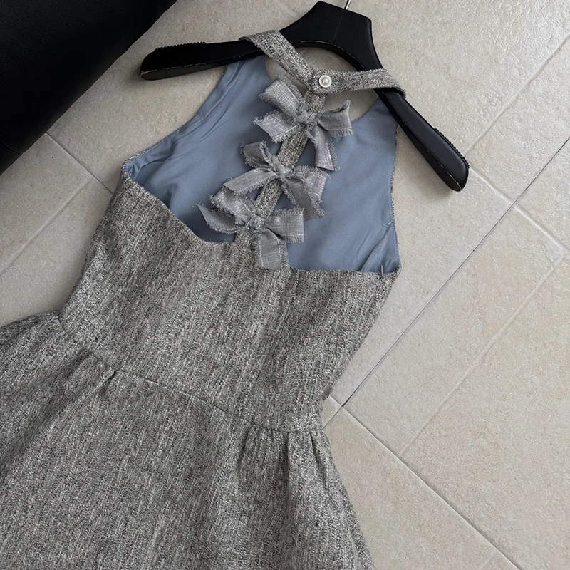 Women's Tweed Dress Sleeveless Sexy Backless Bowtie Evening Party Short Dresses Female 2026 New Grey Side Zipper Mini Dress 6