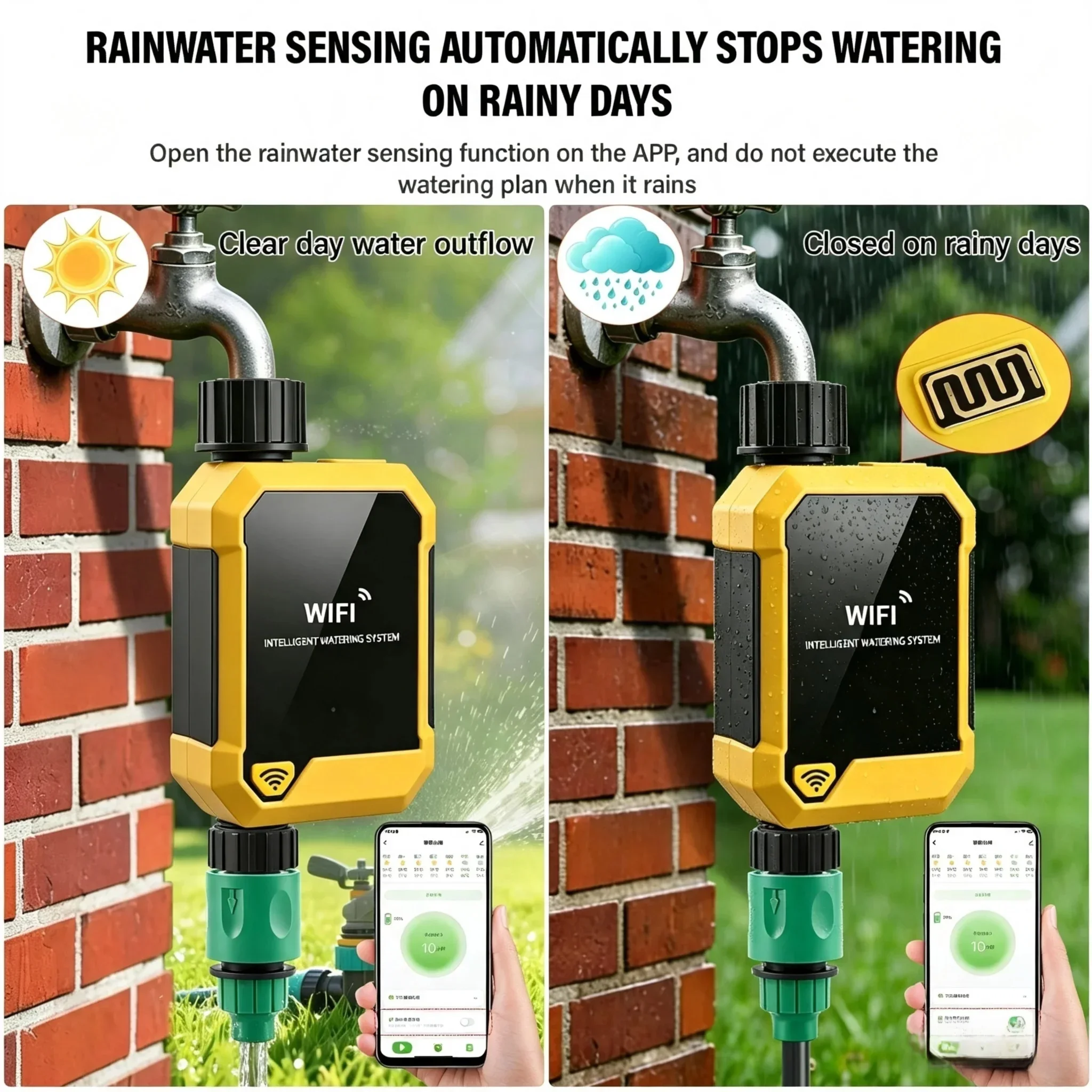 WiFi Water Timer Smart Sprinkler Timer with Rain Sensor Remote Control Irrigation System for Garden Yard Lawn IPX6