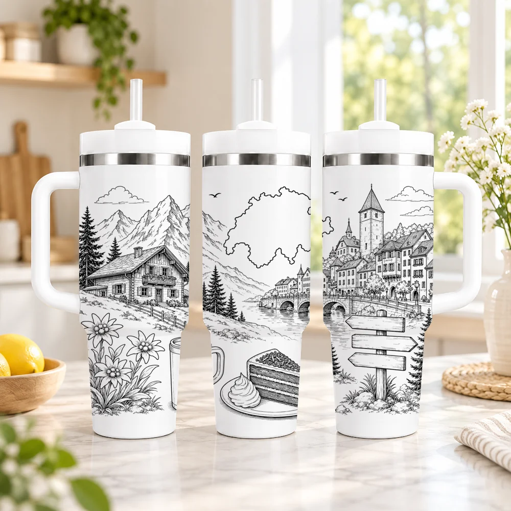 Food Travel Line Art Collection Vacuum Flasks 40oz em Aco Inoxidavel com Alca e Canudo, Caneca de Viagem a Prova de Vazamentos