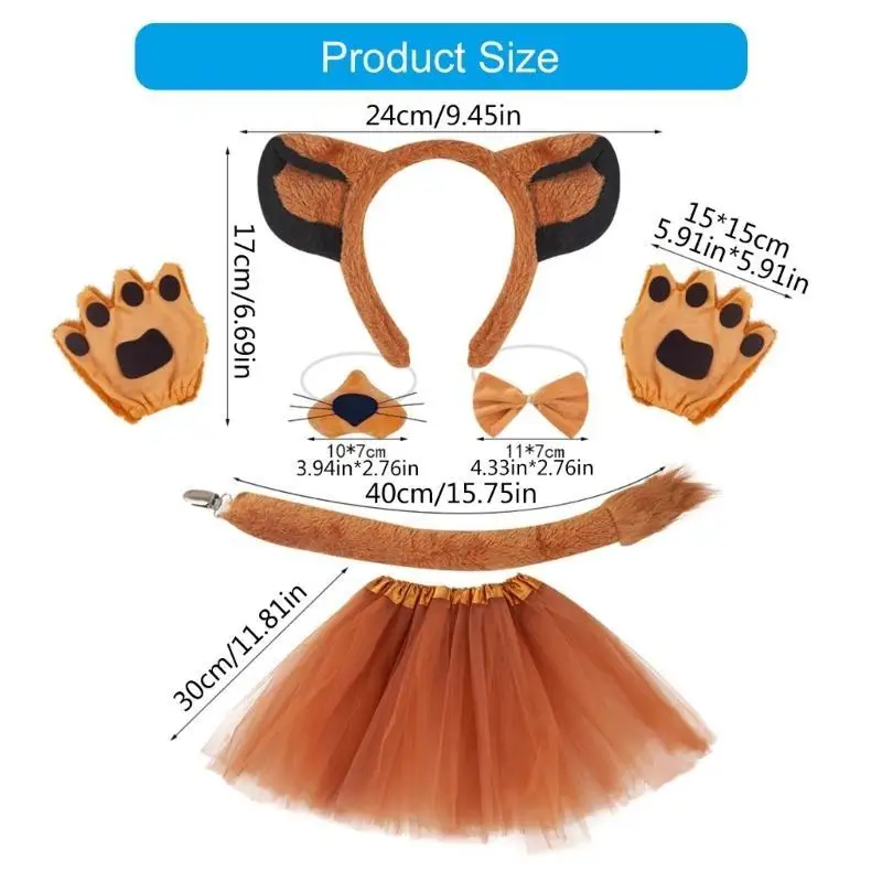 652F Halloween Leeuw-kostuumaccessoires omvatten Leeuwenoorhoofdband Leeuwenstaartneushandschoenen Bowtie Rok voor Kid Boy Girl