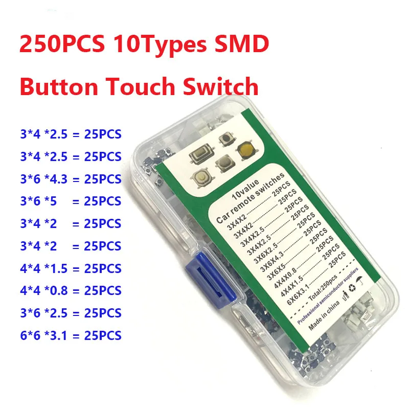 250Pcs SMD  10-Types Tactile Push Button Switch Car Remote Control Keys Button Touch Microswitch