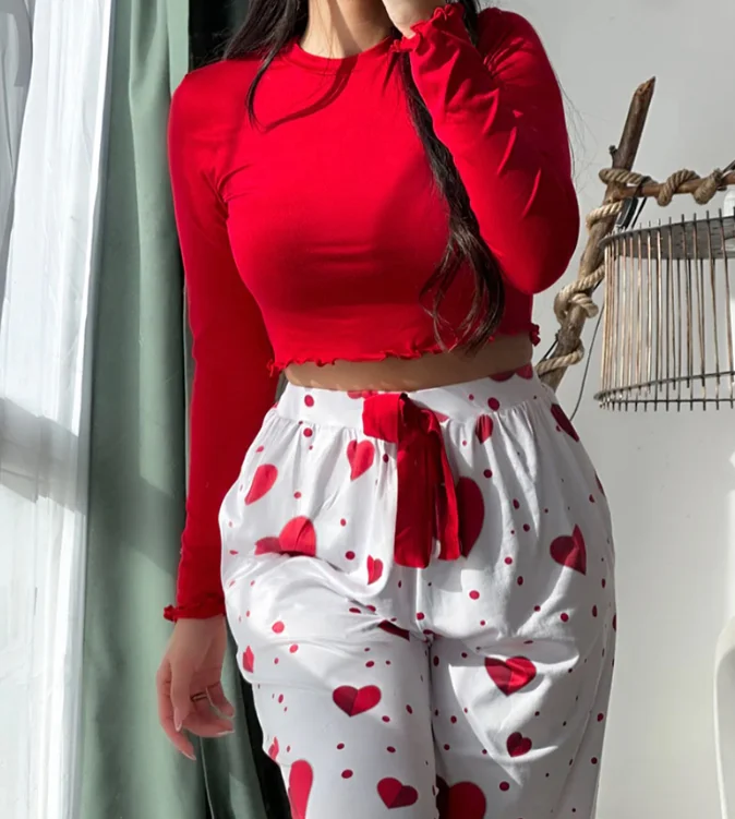 

Women's Pajamas Sets 2 Pieces Outfit Summer Fashion Female Frill Hem Long Sleeve Crop Top & Heart Pattern Drawstring Pants Set