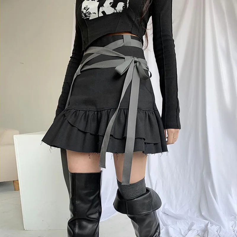 Summer Ruffles Mini Skirts Bandage Women Punk Gothic Solid Colors High Waist Sexy Lace Up Skirt 2023 New Y2k Girl Streetwear New