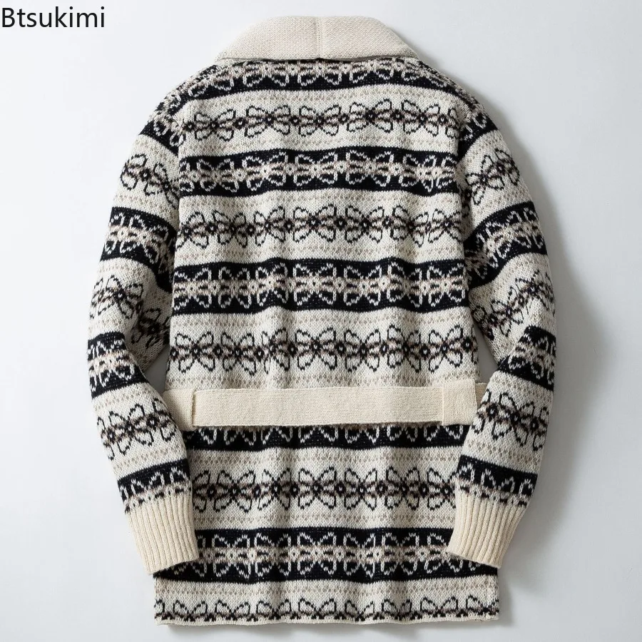 New Men's Thicken Mid-length Knit Cardigan Sweater High Grade Jacquard Sweater Coats with Belt Autumn Winter Basic Warm Sweaters