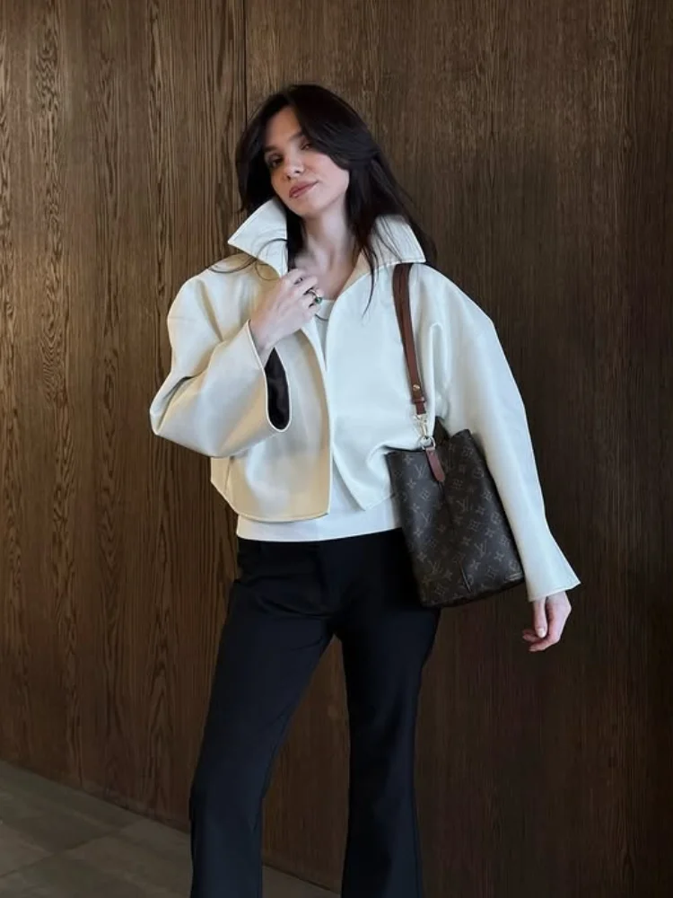 Autumn New Women Cropped PU Leather Jacket Stand Collar Wide Flare Sleeve Wrap Open Front Coat Female Chic Loose Tops