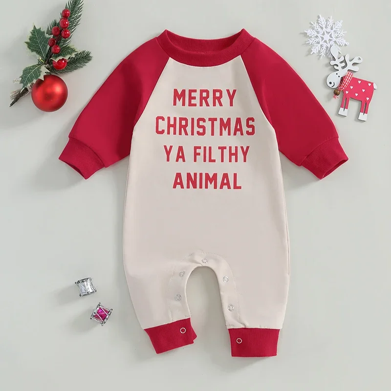 

0-18 Months Baby Christmas Romper Letter Print Long Sleeve Crew Neck Full Length Jumpsuit for Boys and Girls Fall Clothes