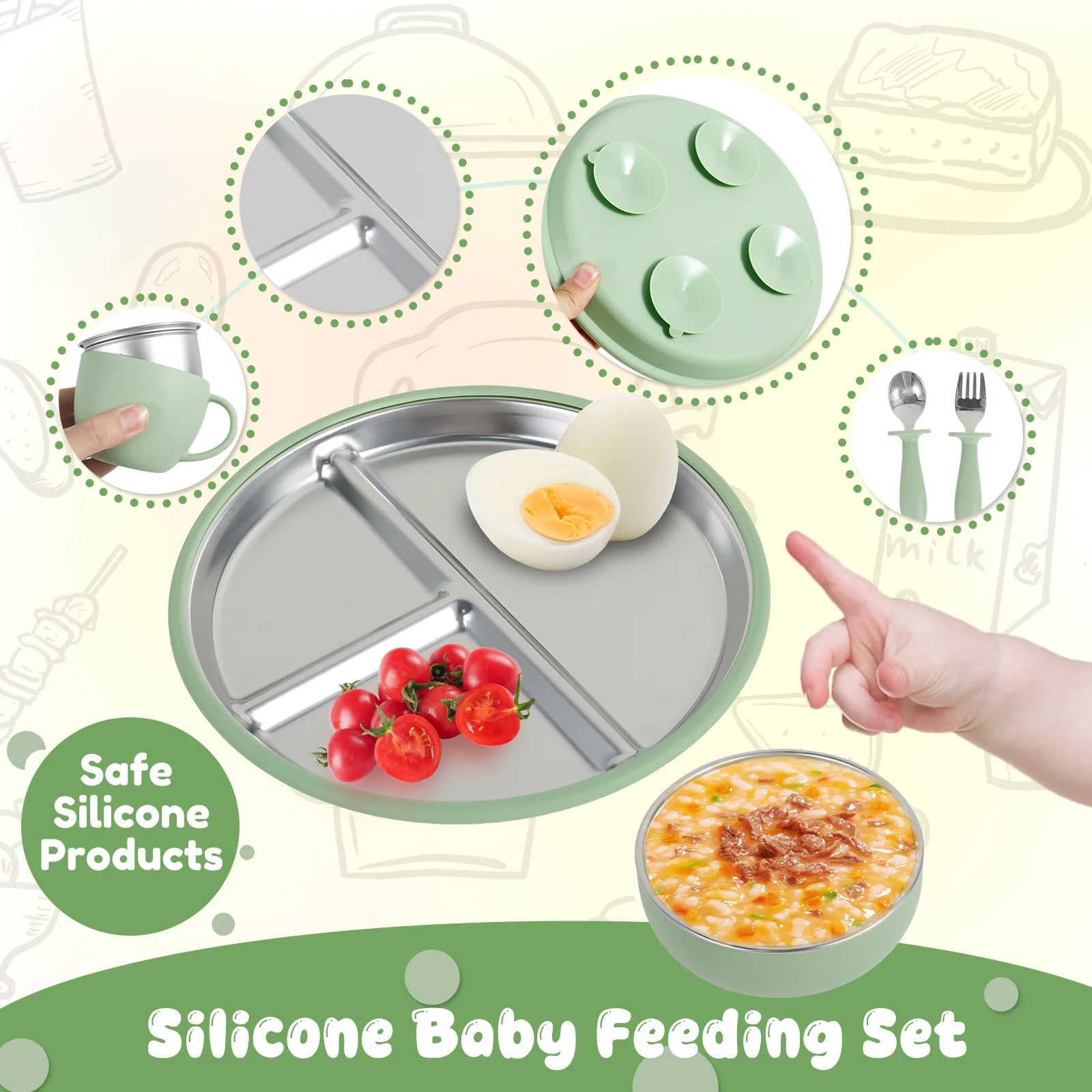 6 قطعة مجموعة أطباق الطفل سيليكون وعاء تغذية الطفل شفط لوحة كوب الفولاذ المقاوم للصدأ ملعقة شوكة للأطفال أدوات المائدة طفل أطباق #4