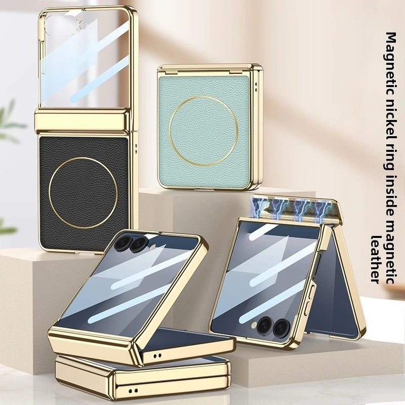 

Магнитная рамка из искусственной кожи для Samsung Galaxy Z Flip 7 Flip7, чехол для телефона с защитной пленкой для экрана и защитной крышкой на петлях
