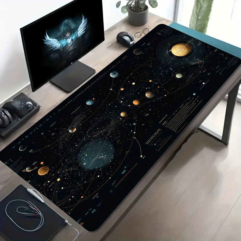 1pc Large Size Esports Gaming Mouse Pad, Black Golden Universe Planet Network Connection Pattern, Non-Slip