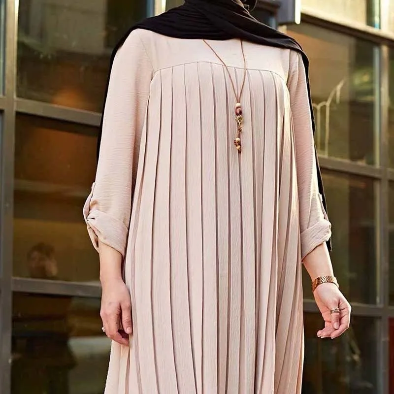 Muslim Women Islamic Tunic Pleated Long Sleeve Lady Long Shirts Abaya Dubai Vintage Blouse Spring Autumn Chemise Femme Musulmane