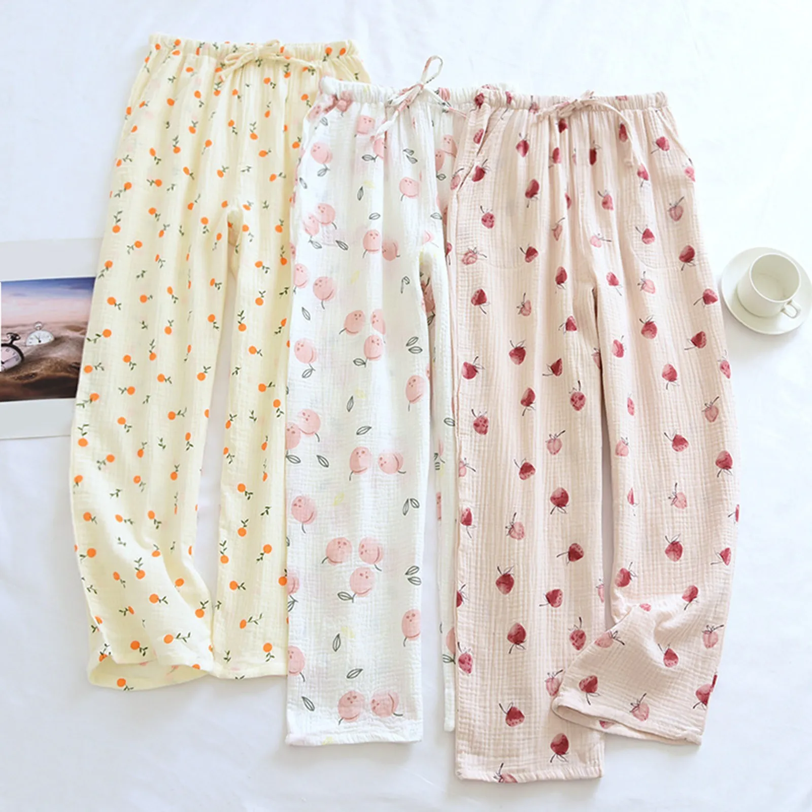 New Cotton Simple Comfortable Loose Home Pajamas Pants for Women Multicolored Flower with Side Pockets Cute Sleepwear Pants