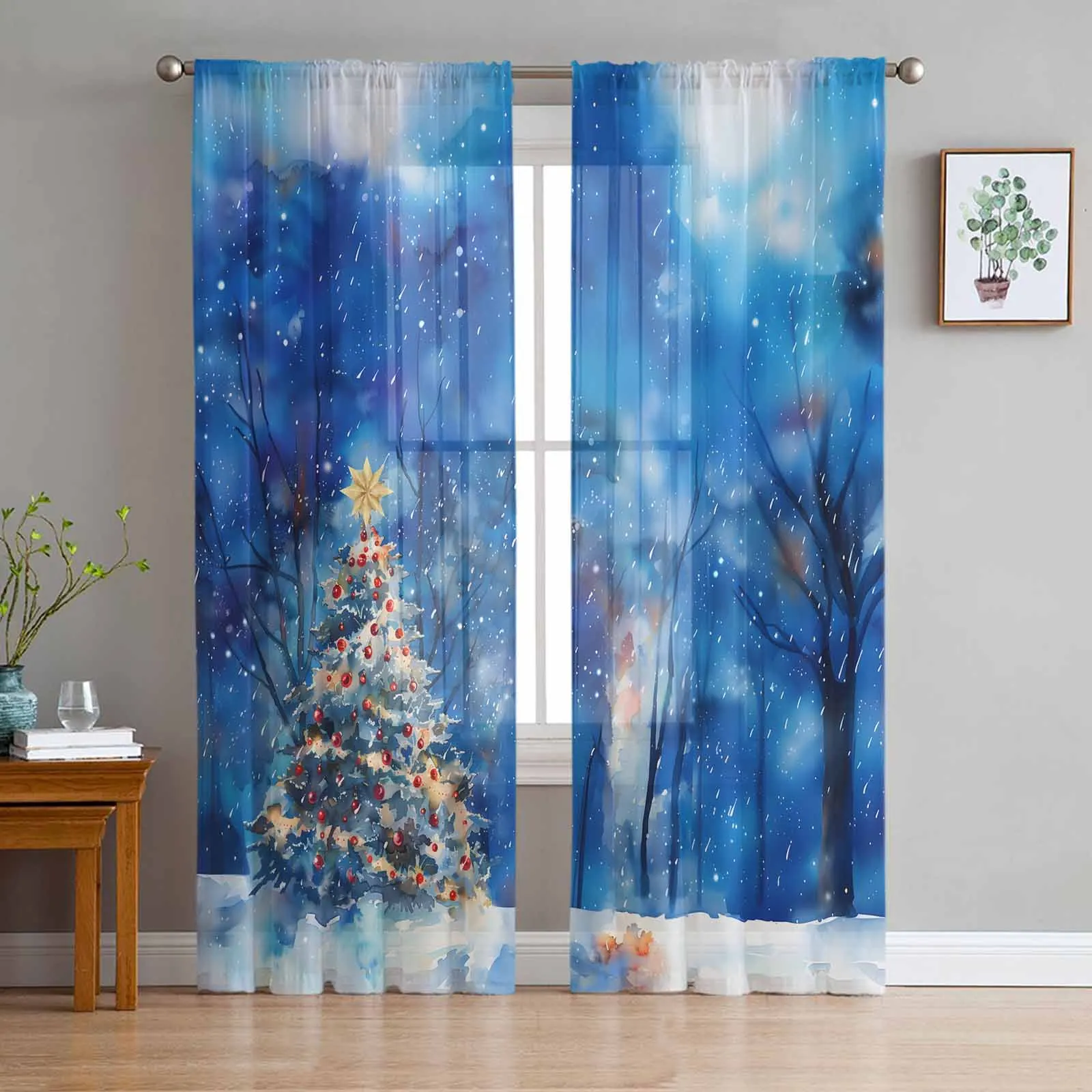 

Christmas Watercolor Christmas Tree Snow Scene Chiffon Sheer Curtains for Living Room Bedroom Decor Kitchen Voiles Tulle Curtain