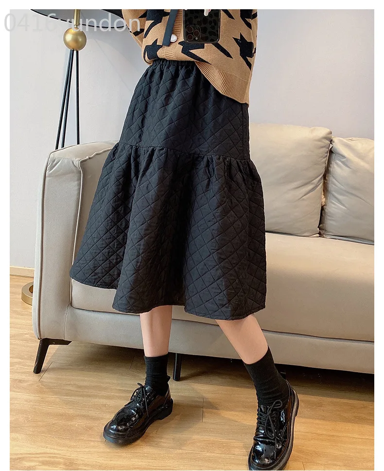 Flower Bud  Thick Warm Cotton Padded Skirt for Women 2024 Autumn Vintage Plaid A Line High Waist Midi Long  Female Ladies