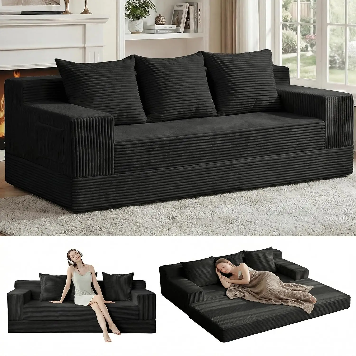 Corduroy 3 Seater Folding Sofa Bed, 78'' Oversized Floor Couch, Compression Convertible Futon with 3 Pillows, Customized