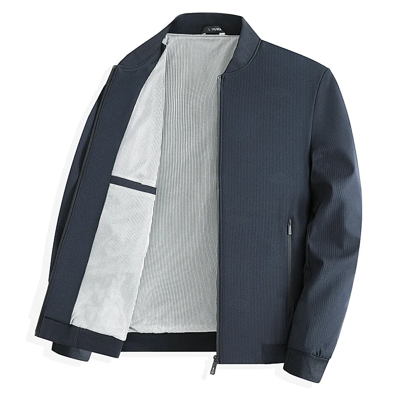 Man Spring Autumn Coat Simple Solid Color Striped Stand Collar Male Jacket Long Sleeve Zipper Business Casual Men Outerwear