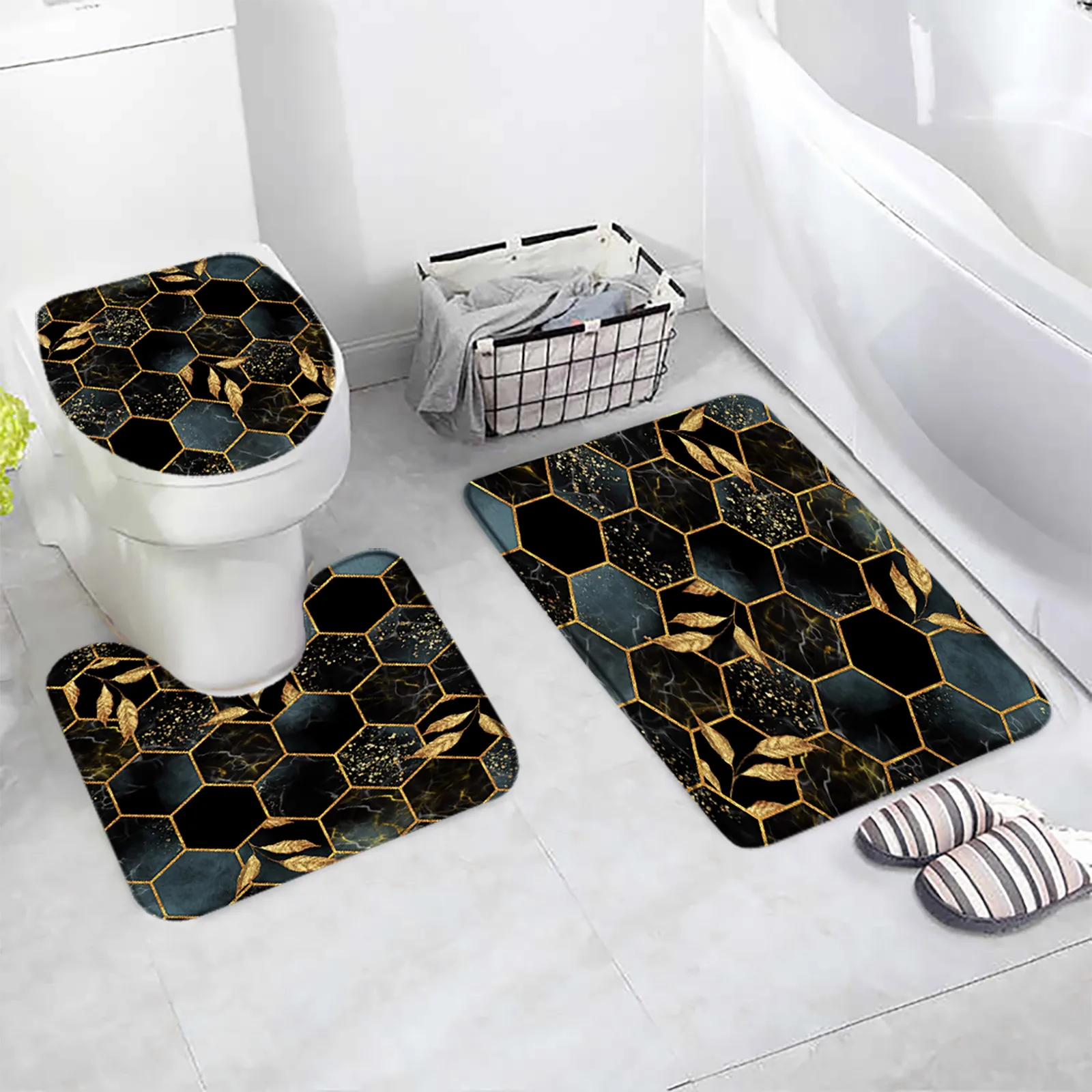 Black Marble Bath Mats Sets Gold Grey Lines Creative Abstract Geometric Art Home Bathroom Decor Rugs Anti-Slip Toilet Lid Cover