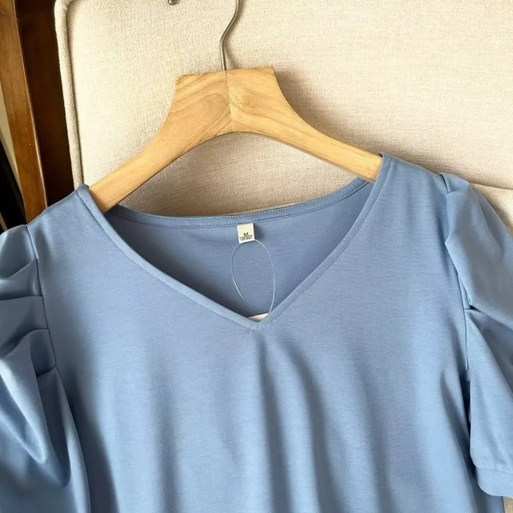 

Women's V-neck T-shirt Short-Sleeved Skin-Friendly Breathable Ice Cotton White Loose Puff Sleeve Top for Summer