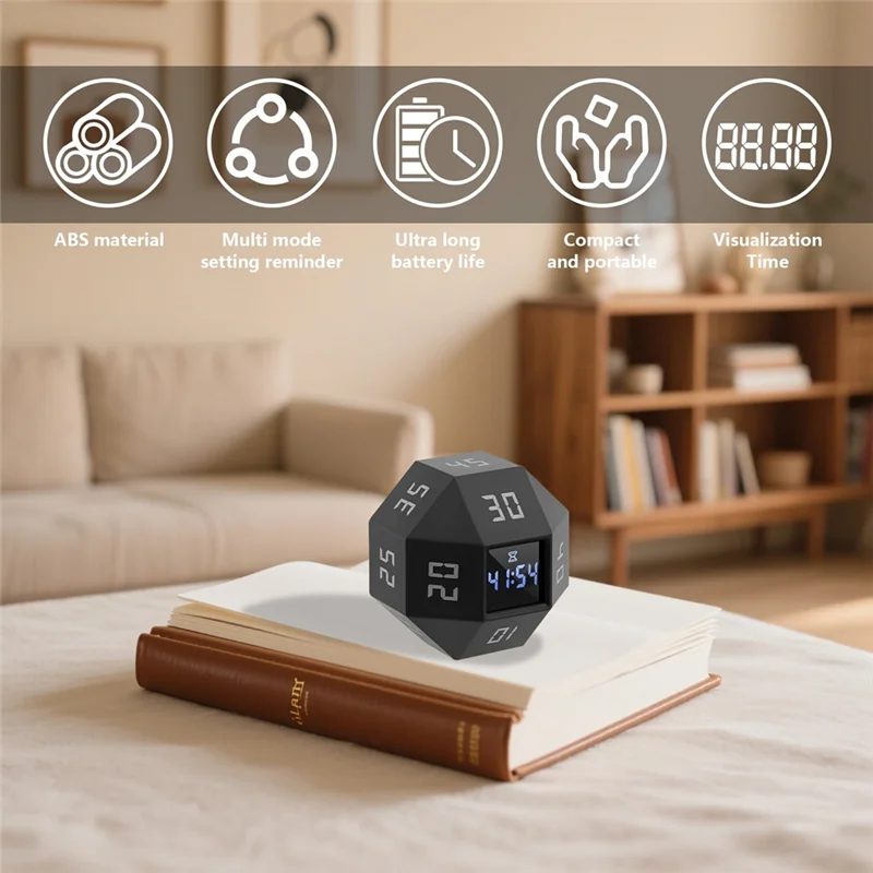 A53Q-Mini 12-Sided Rechargeable Cube Timer Efficient Time Management Tool For ADHD Patients, Study, And Cooking