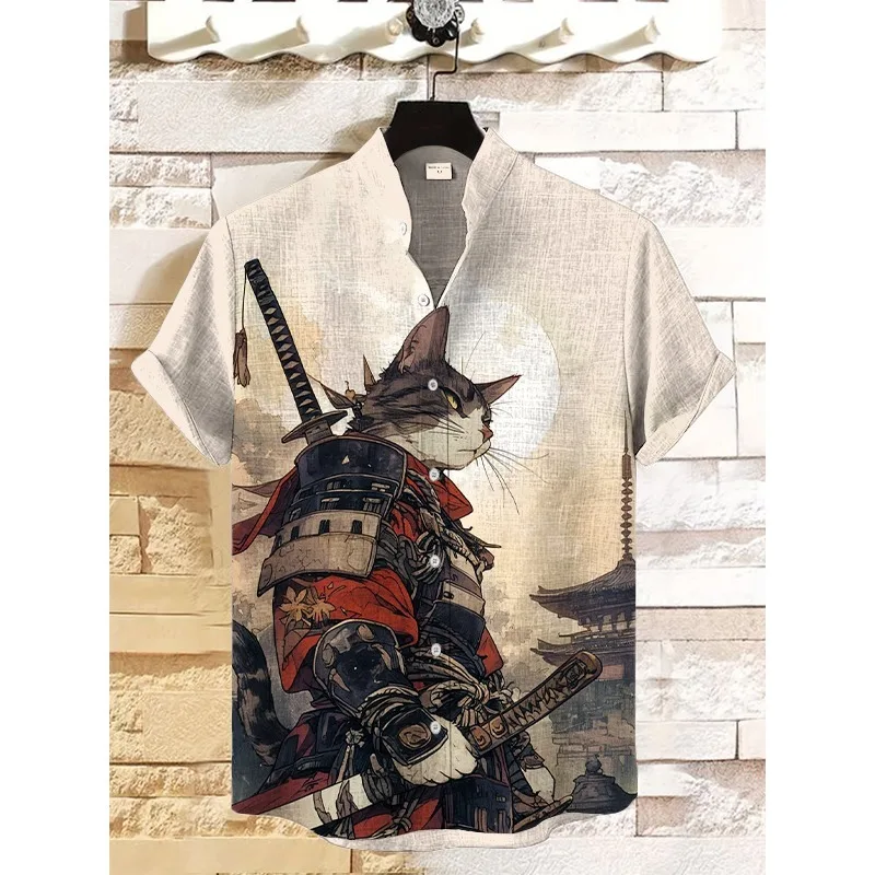 Camisa informal con estampado japonés de gato samurái y árbol de Sakura para hombre, camisa informal Hipster de verano Harajuku con botones para vacaciones, camisas de playa