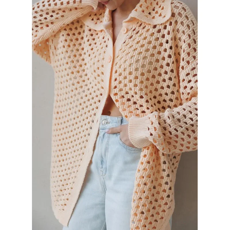 Spring/Summer 2025 New Style Women's Casual Collar Knit Mid-Length Hollowed-Out Top