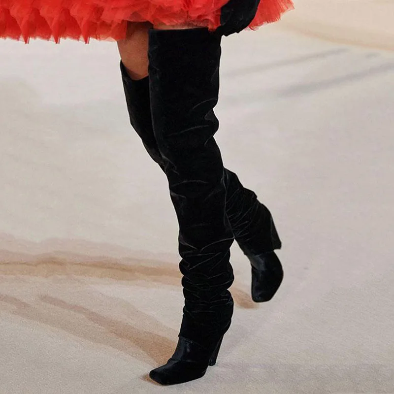 Arden Furtado Brown Patent Leather Tapered heel Over the knee boots Square-head Pleated Slip-on Fashion high heel Knight boots
