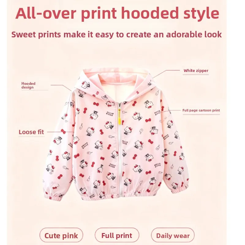 Girls Kids Ice Silk Hello Kitty Sun Protection Summer Jacket Breathable Lightweight Thin Casual Coat for Daily Wear
