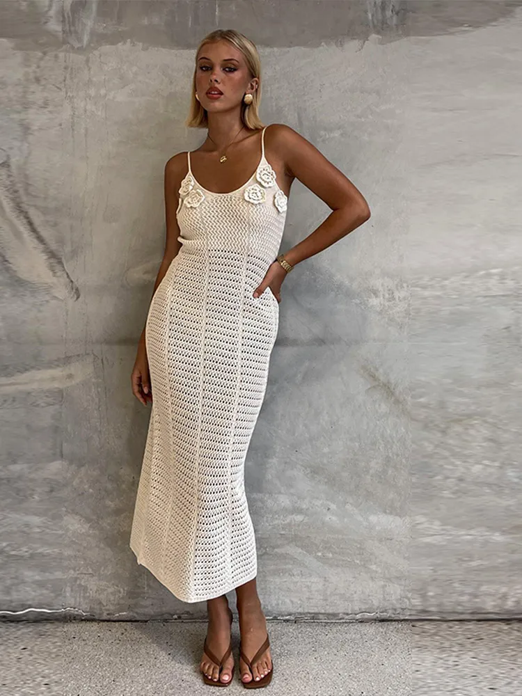 Abito lungo da spiaggia senza maniche in maglia con scollo a V trasparente sexy, decorazione floreale tridimensionale, abiti da festa da donna