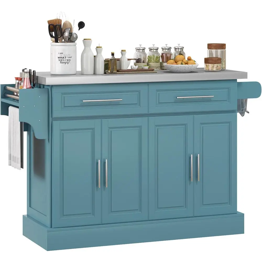 

Кухонная тележка из нержавеющей стали 47, портативный остров на колесиках, регулируемые полки, 2 ящика, подставка для специй, держатель для ножей и полотенец