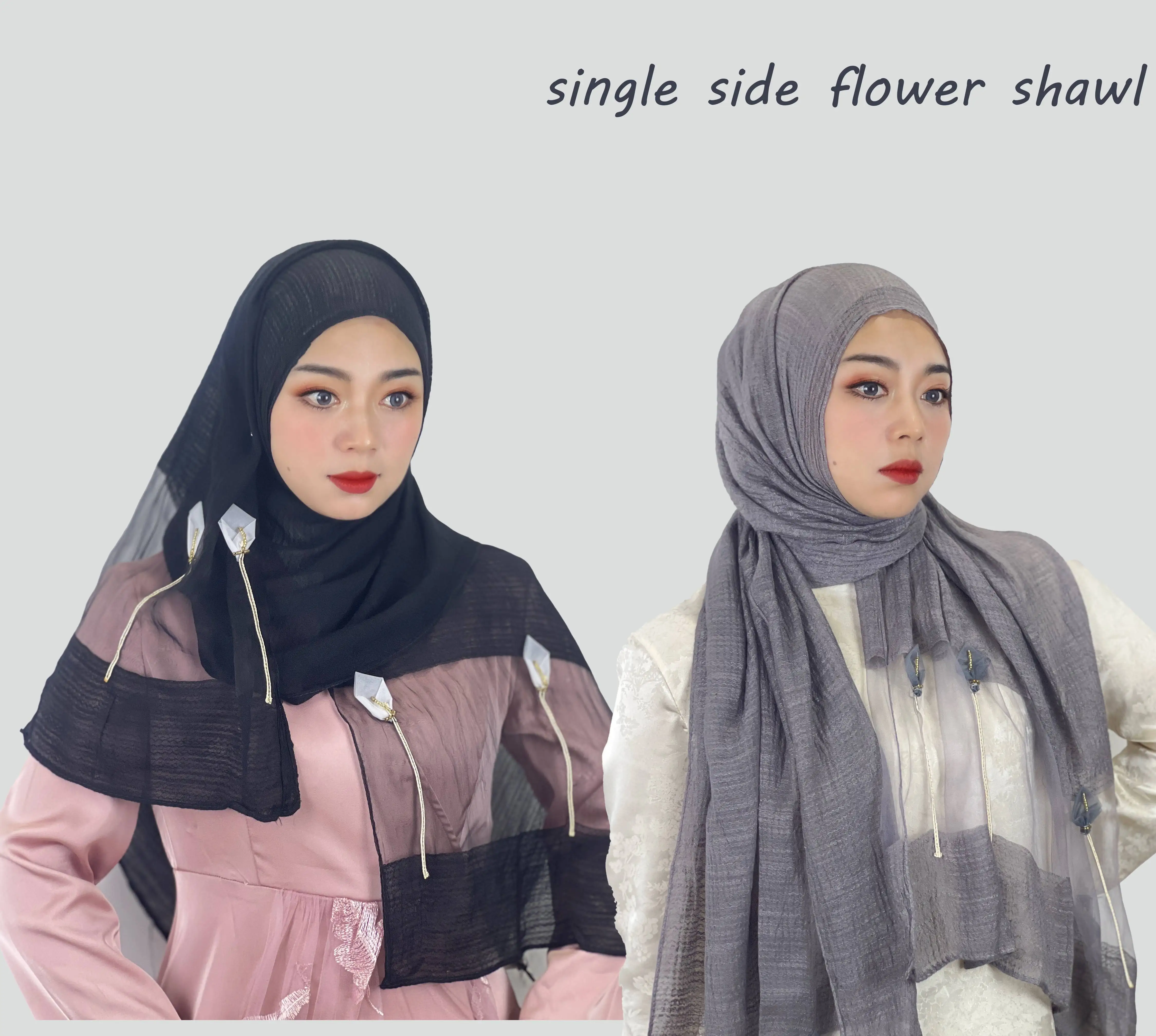 

Monochrome Unilateral Flower Turban Shawl Elegant Spring and Autumn New Solid Color Polyester Cotton Crepe Scarf for Women