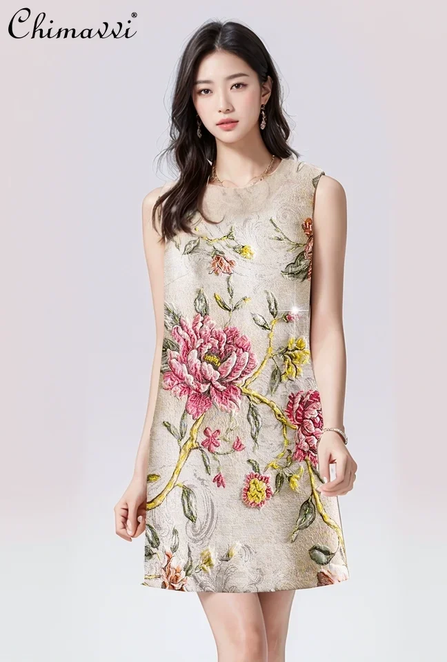 

Chinese Classical Elegant Heavy Industry Beads Jacquard Round Neck Sleeveless High Waist A-line Tank Short Dress Women Spring