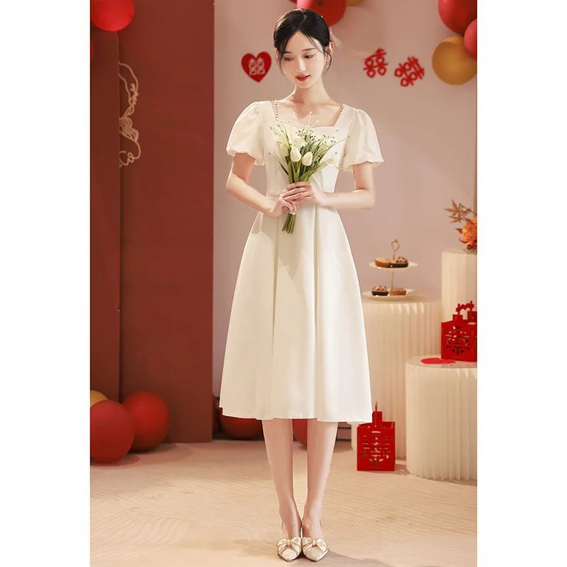 

Sexy Beaded Square Collar Puff Sleeve Back Zipper A-Line Mid-Length Evening Dress Women Formal Gowns Robe De Soiree Cheongsam