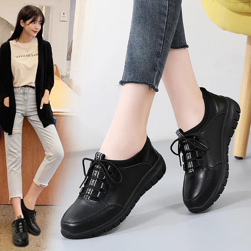 2024 Hot Seller New Sneakers Women Shoes Platform Loafers Lace Up Leather Flats Trend Spring Casual Mom Shoe Uxst