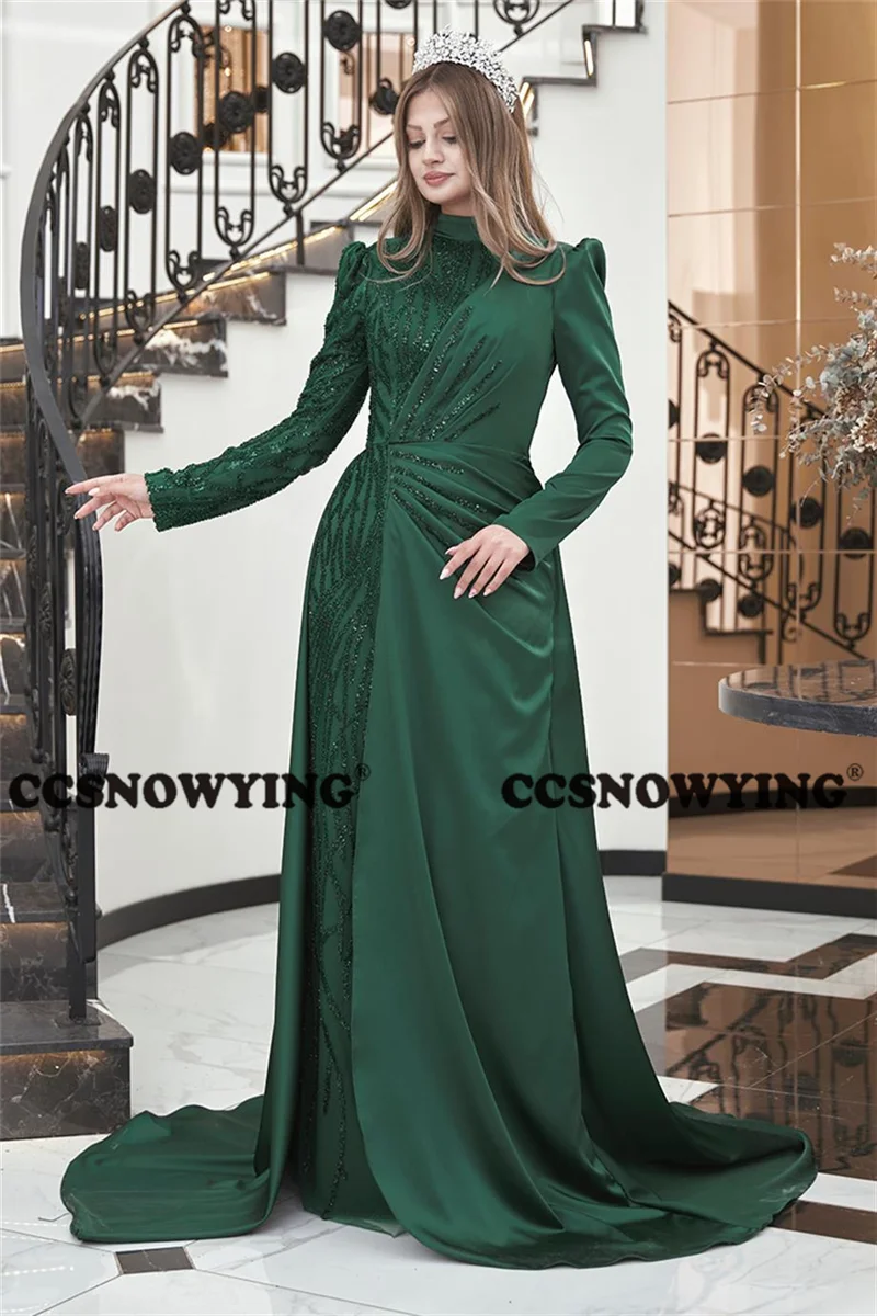 Satin Long Sleeve Muslim Evening Dresses High Neck Islamic Formal Party Gown Women Arabic Kaftan Hijab Robe De Soiree