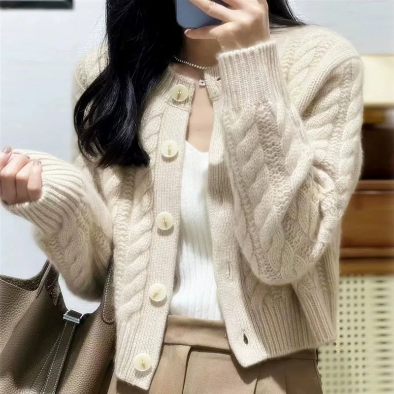 2023 autumn and winter new thick pure cashmere cardigan women\'s round neck twist coat knitted loose sweater