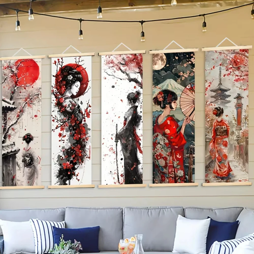 Japanese Samurai Ukiyoe Wood Poster Hanging Scroll Painting Decoration Posters Prints Wall Art with Solid Wood Hanging Scroll