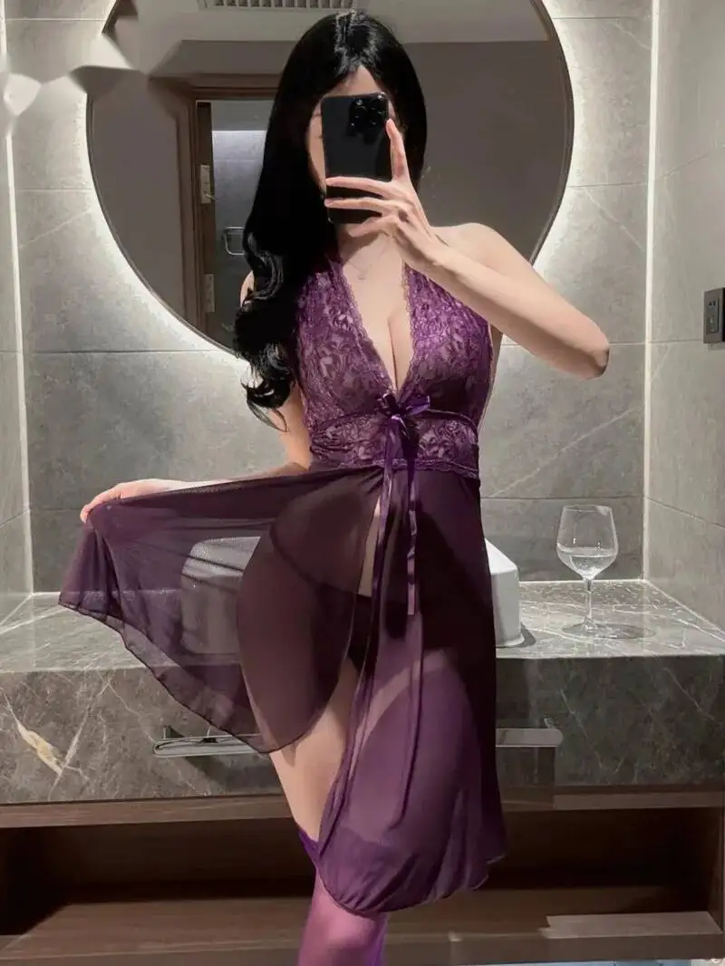 مثير الدانتيل شبكة بروتيل باس النوم الأرجواني انظر من خلال الجوف خارج ثوب النوم فستان ساخن أنيق الأرجواني الحلو فستان قصير YFI0